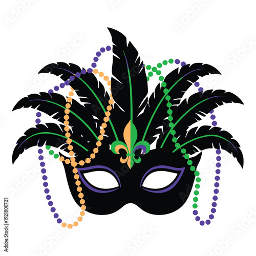 Mardi Gras mask with colorful beads and feathers on white