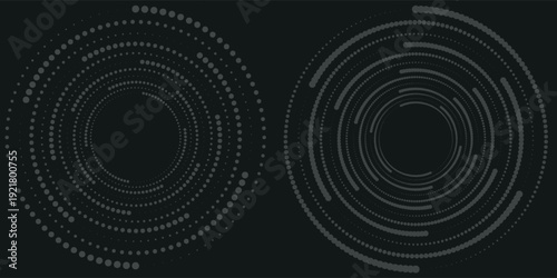 Modern abstract background. Halftone dots in circle form. Spiral logo, icon or design element. Black dots on a white background and white dots on the black side