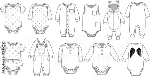 Baby clothing vector outline set, newborn infant apparel collection, onesie bodysuit romper design templates, cute kids fashion sketch illustration elements
