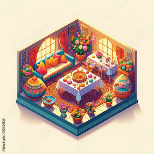 persian new year isometric haft seen table and goldfish bowl