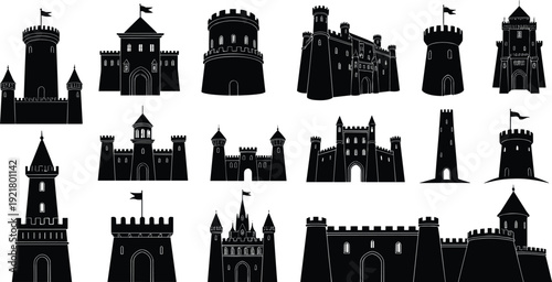 Castle Fortress Silhouette Set, Medieval Towers, Fairytale Castles, Historic Architecture, Vector Illustration, Black and White, Ancient Kingdom for Adobe Stock