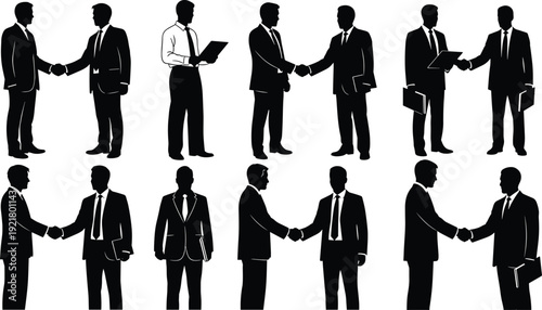 Businessmen black silhouettes set, including men shaking hands, standing, and holding folders for corporate dealings
