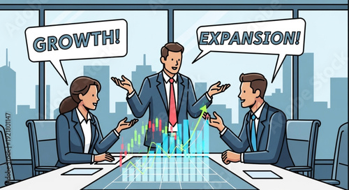 Business team discusses growth and expansion strategies in a modern office meeting.