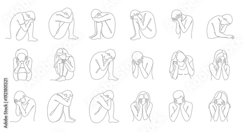 People expressing sadness in various postures, simple line illustrations