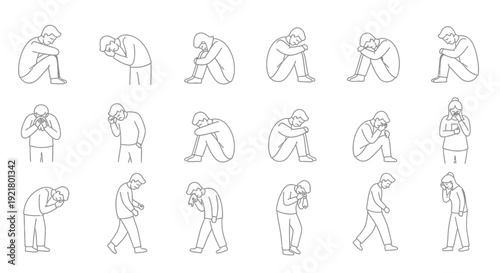 Line art figures showing sadness and despair in various poses