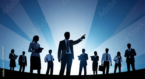 Business team silhouette with leader pointing forward.