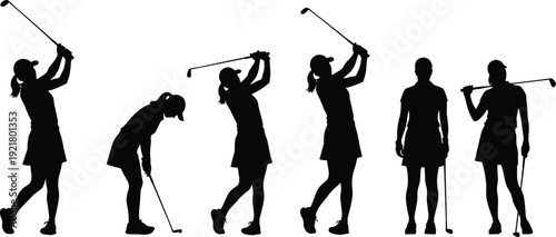 Female golfer swing sequence silhouette vector illustration showing golf swing phases, follow through, putting stance, sports training motion infographic design for branding