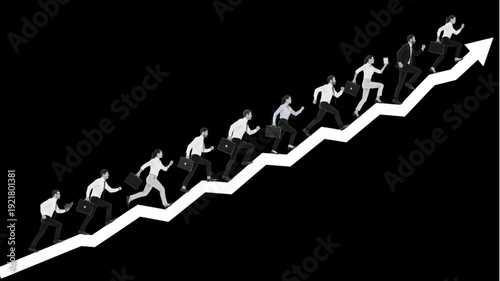 Businessmen running up an upward trending arrow graph symbolizing success.