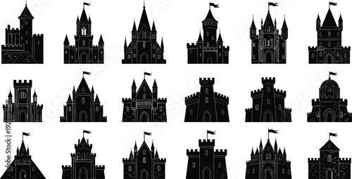 Castle Silhouette Collection, Medieval Fortress and Fairytale Towers, Ancient European Architecture, Black and White Vector Illustration for Adobe Stock