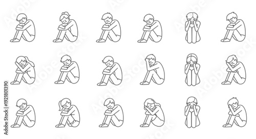 Multiple sad people illustration in various poses and views