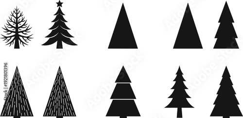 Set of black Christmas tree silhouettes in various shapes and styles, festive evergreen icons for holiday decoration, winter design elements vector