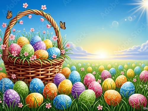 Vibrant easter basket filled with colorful eggs in a sunny field of flowers