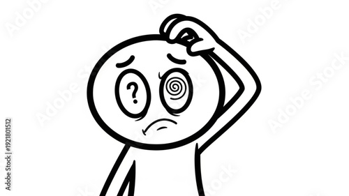 Cartoon character confused with swirling eyes and question mark.