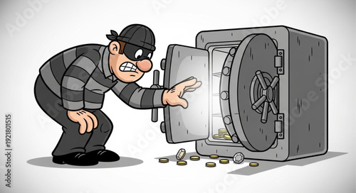 Cartoon burglar attempting to steal from an open safe full of gold coins.