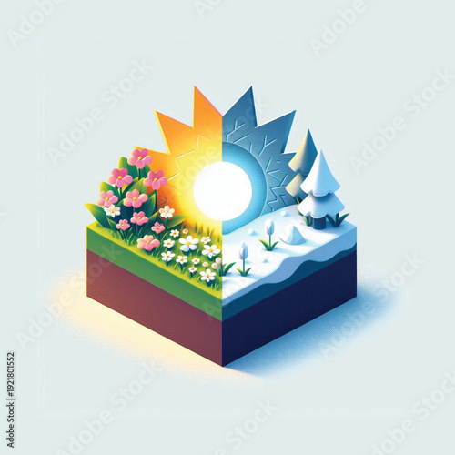 march equinox isometric balanced nature scene with sun