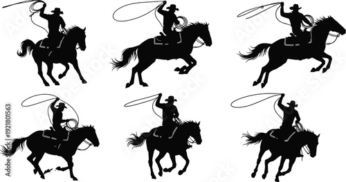 Black and white rhinoceros vector set, wild animal silhouettes standing and walking, isolated flat graphic design on an white background.