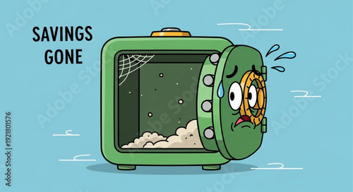 Cartoon illustration of an empty safe with a worried face on the door.
