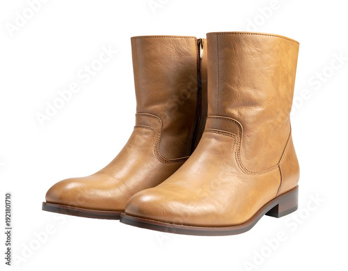 Pair of stylish brown leather boots isolated on white background.