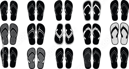 Flip flops sandals silhouette collection vector illustration showing summer footwear variations, beach slippers set, minimal black and white footwear icons design