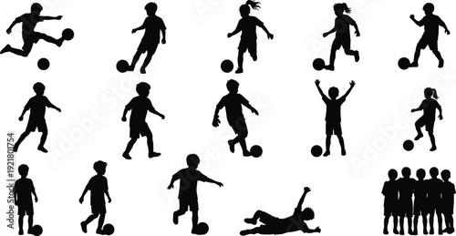 Children playing soccer vector silhouette set, boys and girls on a football field, young athletes kicking and passing the ball, kids team