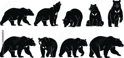 Bear silhouette illustrations, stylized wildlife vector artwork, forest animal graphic design, rustic nature clipart, outdoor icon set, roaring and walking bear poses collection