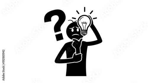 Confused person with question mark and lightbulb idea symbol.