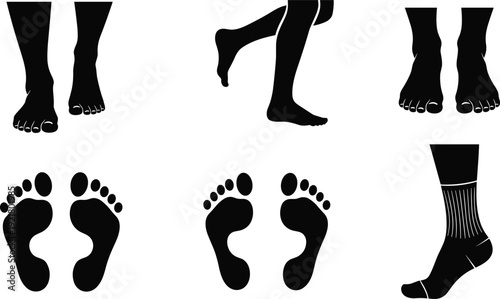 Black foot silhouette set, human bare feet walking, sole footprint track, leg wearing sock, anatomical body part graphic design elements