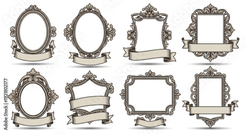 Collection of ornate vintage picture frames with ribbons.