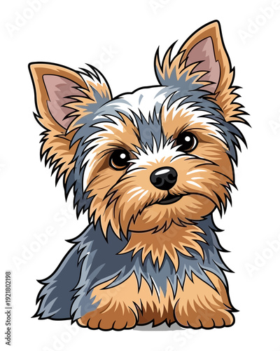 Adorable Yorkshire Terrier dog illustration showcasing its furry texture, playful demeanor, and endearing facial expression in a cartoon style from a front viewpoint Whisk