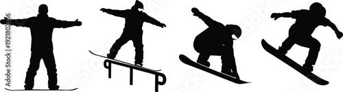 Black snowboarder silhouette set, winter extreme sports vector collection, man jumping on snowboard, rail grind trick graphic design elements isolated