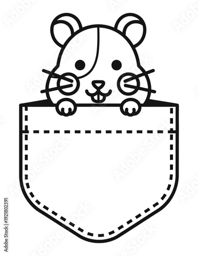 Simple black and white illustration of a hamster peeking over pocket with cute facial expression from a straightforward viewpoint