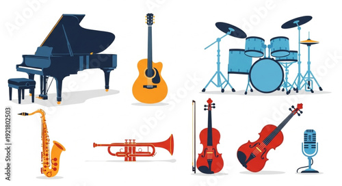 Collection of musical instruments for various genres.