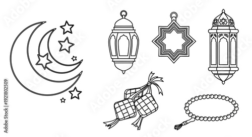 Ramadan decorations and symbols line art.