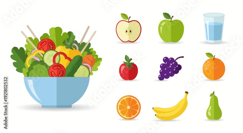 Fresh fruit and vegetables on plate.