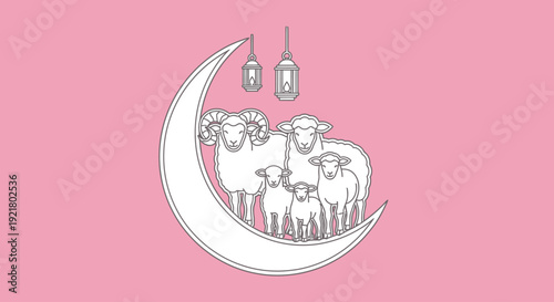 Sheep standing on crescent moon.
