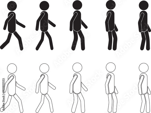 Set of walking man icons representing animation frames for movement simple silhouette and outline design for motion graphics and UI