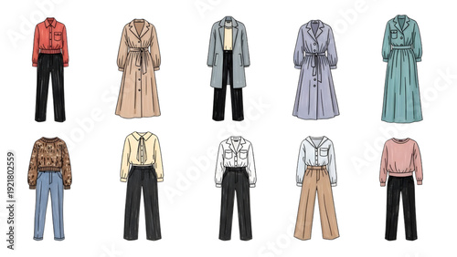 Summer Vacation Clothes Hand-Drawn Colorful Set, 6 Elements, White Background, Kids Fashion Vector