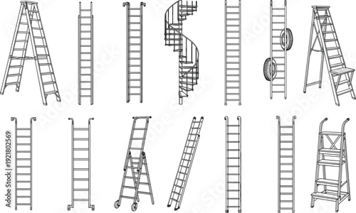 Black white ladder vector set, industrial step ladder collection, spiral staircase illustration, telescopic climbing equipment, construction safety tools graphic elements