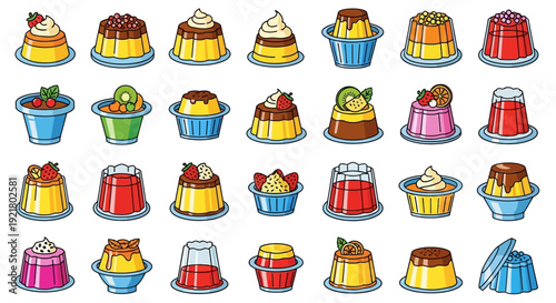 Colorful dessert pudding cups with toppings.