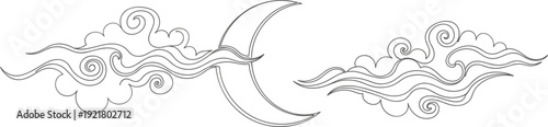 Hand Drawn Crescent Moon with Decorative Swirling Clouds Line Art Illustration for Night Sky Fantasy Tattoo and Spiritual Design