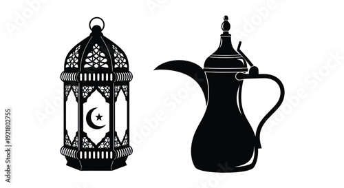 Black and white illustration of an arabic lantern and a coffee pot