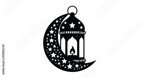 Elegant black and white illustration of a crescent moon with a star lantern