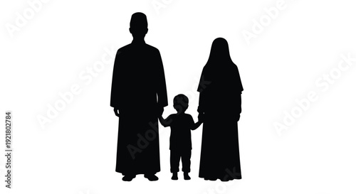 Silhouetted muslim family of three standing together against a white background
