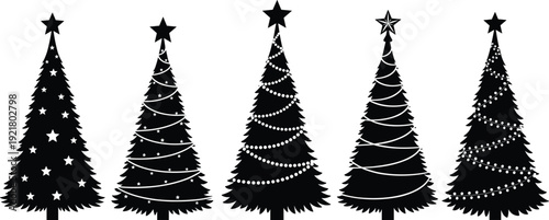 Christmas tree silhouette vector illustration set, various decorated pine trees with stars and ornaments. Ideal for holiday graphic design