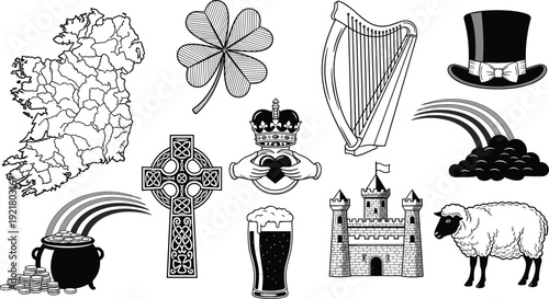 Hand drawn black and white Ireland traditional symbol vector set including shamrock harp pot of gold on a white background.