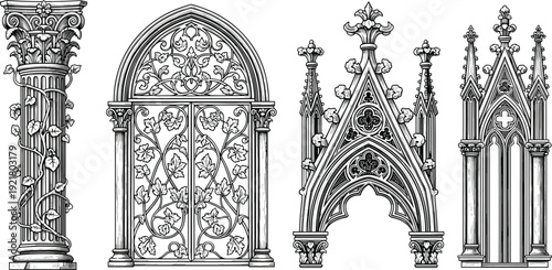 Gothic architectural elements vector illustration featuring ornate arches columns tracery cathedral details medieval design line art black white engraving decorative