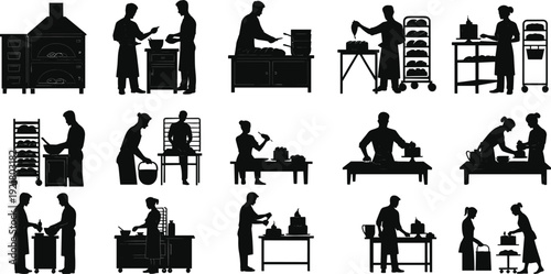 A comprehensive collection of bakery and confectionery silhouette icons, featuring people baking, decorating, and preparing delicious pastries
