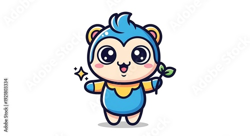Cute cartoon monkey character with big eyes and a friendly smile, holding a green leaf sprout, symbolizing growth, nature, and adorable children's themes.