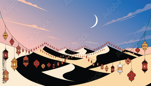 A wide panoramic vector landscape of a desert vally.