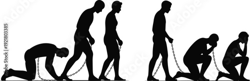 Human Silhouette Evolution With Chains Illustration Showing Slavery, Captivity, Freedom Struggle, Mental Burden, And Social Oppression Concept For Symbolic Vector Design